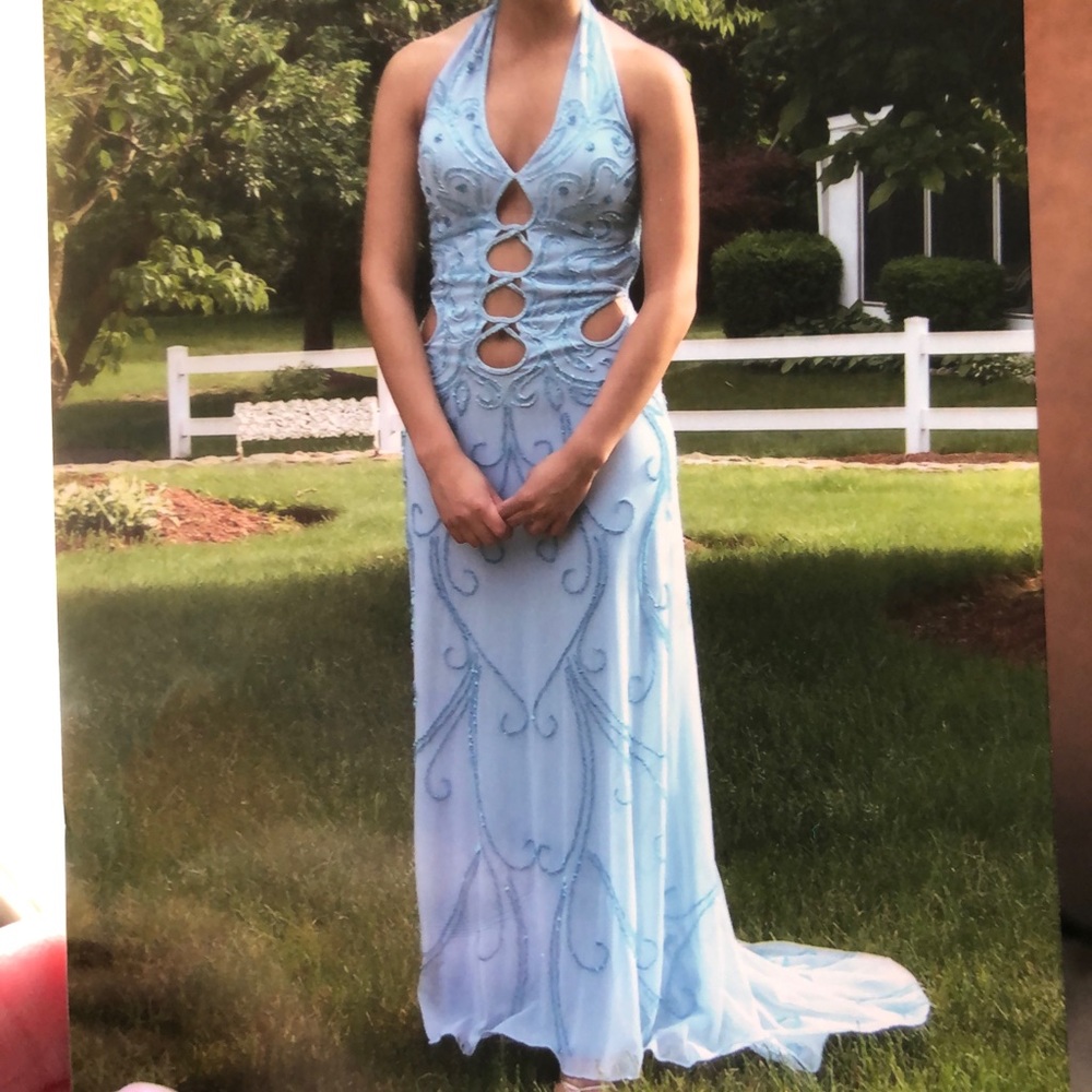 Blue sequined prom dress with bra cups.